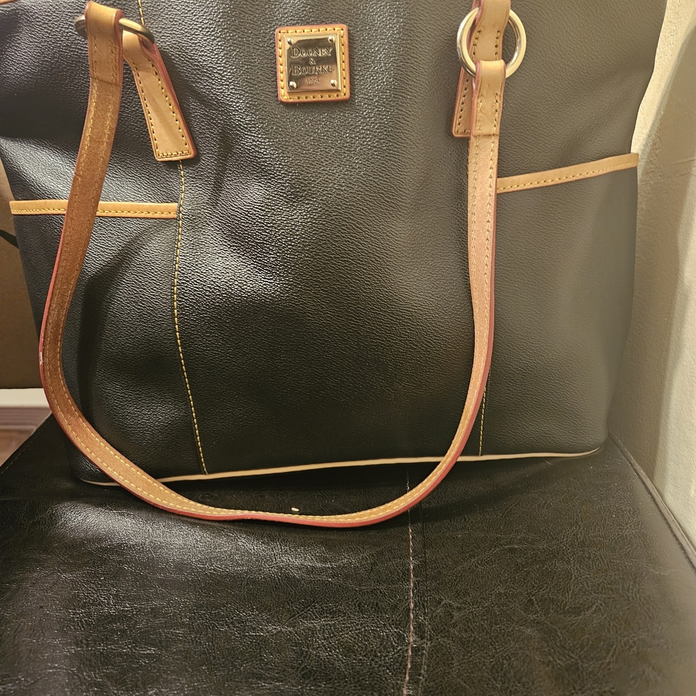 Dooney & Bourke Black Leather Tote with Tan Trim